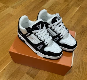 Louis Vuitton svartvita skates - Louis Vuitton sneakers i svart och vitt med tydliga LV-loggor och monogramdetaljer. Skorna har snörning, platt sula och rund tå. Materialet är en mix av skinn och textil med mönstrade paneler. Hör gärna av vid frågor, pris är ej hugget i sten!