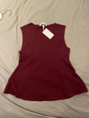 Vinröd topp - Säljer en vinröd ärmlös topp med rund halsringning. Toppen har en lätt utsvängd passform och markerade sömmar som ger en snygg siluett. Perfekt att styla med jeans eller kjol för en clean look.