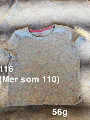 Grå t-shirt med färgstänk - Grå t-shirt med korta ärmar och färgglada stänk i rosa, orange och lila. Rund halsringning med rosa kant på insidan. Perfekt för en avslappnad och lekfull stil.🌸 Fint använt skick. Storlek 116 men mer som 110