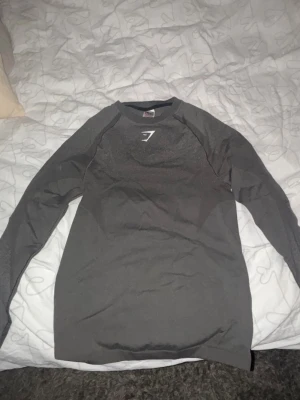 Mörkgrå långärmad träningströja Gymshark - Säljer en mörkgrå långärmad träningströja från Gymshark med diskret logga på bröstet och ryggen. Tröjan har en slim passform och är gjord i ett syntetmaterial som andas, perfekt för gymmet eller löprundan. Snygg och stilren design som sitter tajt.