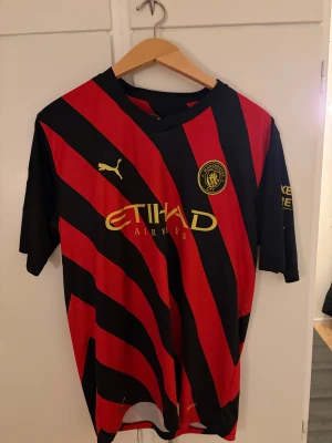 Manchester City De Bruyne tröja Puma - Manchester City matchtröja med De Bruyne 17 på ryggen. Svart och röd med sneda ränder, gula detaljer och klubbmärke. Puma-logga på bröstet och ärmen, Etihad Airways sponsortryck. Tillverkad i lätt och ventilerande material.