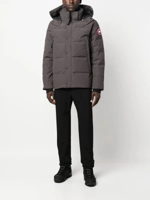Grå dunjacka från Canada Goose - Säljer en grå dunjacka från Canada Goose med huva och klassisk logga på ärmen. Jackan har quiltad design, dragkedja och knappar framtill samt två stora fickor. Perfekt för kalla dagar och riktigt snygg till streetwear.