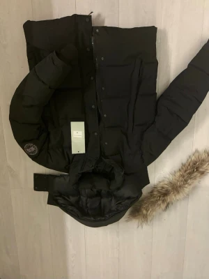 Svart dunjacka från Canada Goose - Säljer en svart dunjacka från Canada Goose med avtagbar fuskpäls på huvan. Jackan har klassisk patch på ärmen, dragkedja och knappar framtill samt en riktigt puffig look. Perfekt för kalla vinterdagar och riktigt snygg till streetwear.