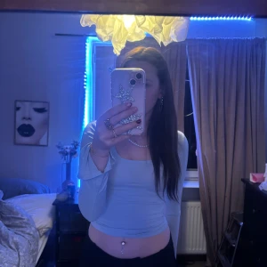 Ljusblå långärmad topp Gina Tricot - Säljer en ljusblå tröja från Gina tricot. Säljer den pågrund av att färgen inte passar mig och inte kommer till någon användning. Den är nästan i nyskick och inga tecken på användning för den är köpt ganska nyligen. Pris går att diskuteras💕