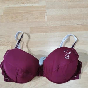 Vinröd Snoopy bh med broderi - Supersöt vinröd bh från Snoopy med broderad Snoopy-figur på ena kupan och vita axelband med Snoopy-tryck. Tillverkad i mjuk polyamid och elastan för skön passform. Perfekt för dig som vill ha något lekfullt och bekvämt i underklädeslådan.