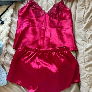 Rosa/röd satinsleep-shorts - Säljer ett par glansiga rosa satinsleep-shorts med elastisk midja. De är mjuka och har en lyxig känsla, perfekta för att chilla hemma eller sova i. Matchar toppen med spetsdetaljer om du vill ha hela setet. Litet hål men de går nog att laga!!