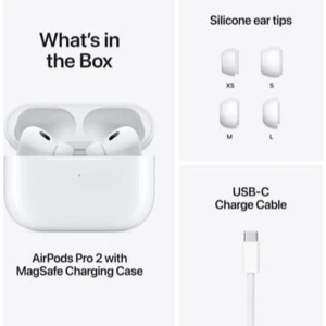 AirPods Pro 2 med MagSafe-laddningsetui - AirPods Pro 2 med MagSafe-laddningsetui, USB-C-laddningskabel och fyra storlekar av silikonörontoppar (XS, S, M, L). Produkten ser ut att vara i nyskick och levereras komplett med tillbehör för optimal passform och laddning.