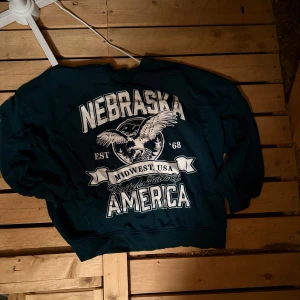 Grön Nebraska sweatshirt från H&M Divided - Cool mörkgrön sweatshirt från H&M Divided med stort Nebraska-tryck och örn på bröstet. Tröjan har ribbade muddar vid ärmslut och nederkant samt en loose passform. Perfekt för dig som gillar college-stil och vill sticka ut lite extra.