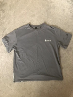 Grå t-shirt Dream Fashion Manfinity - Säljer en grå t-shirt från Manfinity i storlek S med tryck 'Dream' på bröstet och en stor grafisk print på ryggen med texten 'Dream Fashion' och ett porträtt i svartvitt. T-shirten har rund hals och korta ärmar, tillverkad i mjuk bomull.