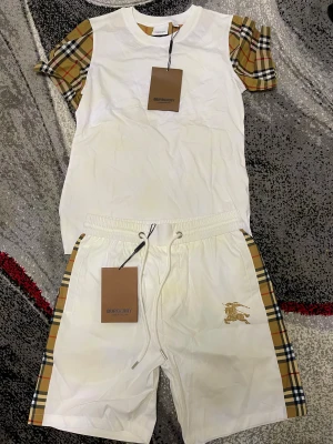 Vit Burberry t-shirt med rutiga ärmar - Vit t-shirt från Burberry med klassiska rutiga ärmar i beige, svart, rött och vitt. T-shirten har rund halsringning och en clean look med fokus på de ikoniska rutdetaljerna. Perfekt för dig som vill sticka ut med en lyxig och stilren vibe.