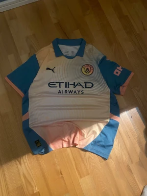 Manchester City Fotbollströja - En fotbollströja som har varit använd 1-2 gånger. Den är nästan helt ny, köpt i England. Storleken är L och passar storleken, kan även passa storlek M. Passformen sitter lite mer baggy/relaxed.