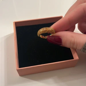 Guldig örhänge med pärldetaljer - Säljer justerbar ring som jag fått i present och vet tyvärr inte vart den är ifrån. Inga defekter och alla stenar kvar. Stenarna är röd/orangea❤️