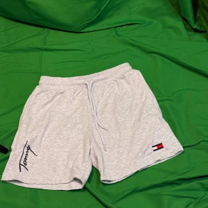 Grå shorts från Tommy Hilfiger - Snygga ljusgrå shorts från Tommy Hilfiger med elastisk midja och snörning. Klassisk logga broderad på ena benet och 'Tommy' tryckt i svart på det andra. Perfekta för sommardagar och chill vardagsstil.Liknande modell som originalet!