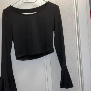 Svart croppad topp med volangärm - Säljer en svart croppad topp med långa volang ärmar. Toppen har en rund halsringning och är gjord i ett mjukt, stretchigt syntetmaterial som sitter snyggt på kroppen. Perfekt för dig som gillar stilrena och trendiga plagg med lite edge. Sparsamt använd, en liten fläck som bör gå bort i tvätten.