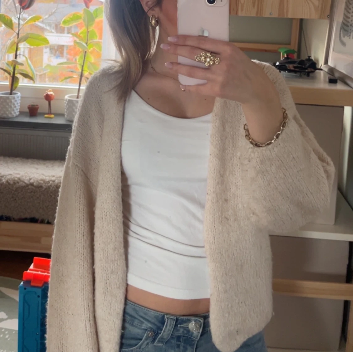 Beige stickad kofta med loose fit - 1