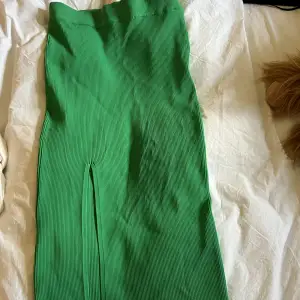 Grön stretchiga kjol från Zara. Använd högst 2 gånger. Har en slits längst ena benet. Tjockare ribbat material 
