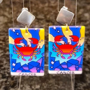 Örhängen Kräftan. Cancer. Stjärntecken - Oanvönda örhängen av akryl och rostfritt stål 
