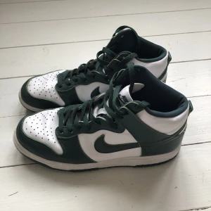 Nike Dunks Spartan Greens - Spartan green. Använda ett fåtal gånger men skateade i en gång så lite slitna och märken på ena skon. Bedöm skicket själva på bilderna. Kunde tyvärr inte hitta skolådan. Size US10,5/44,5
