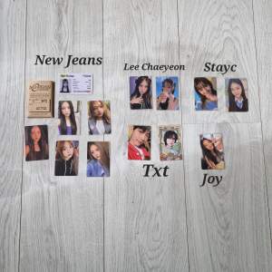 5 st New Jeans Haerin pc + Haerin ID, 2 st Txt Soobin & Beomgyu pc, 2 Lee Chaeyeon pc, 2 Stayc Sumin & Isa pc, 1 Joy pc. (Man måste köpa alla kort!)