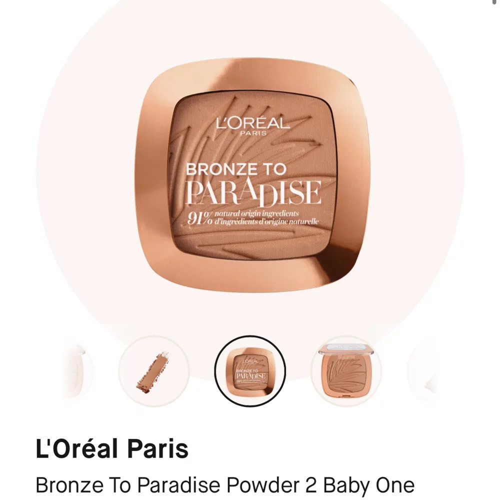 En helt ny bronzer från loreal. Den heter ”Bronze to paradise” och är i färgen 02. Den är oöppnad och plasten sitter fortfarande på.. Accessoarer.