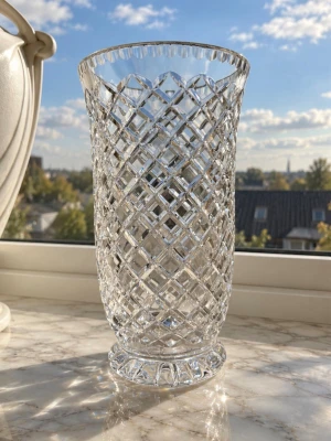 Elegant vacker kistrallvas 3kg  - Snygg och elegant kristallvas med högt, cylinderformat utförande och ett detaljerat rutmönster. Vasen är genomskinlig och har en vågig kant upptill samt en stabil fot. Perfekt som dekoration eller för blommor. 28 cm hög 14 cm bred 3 kg. 