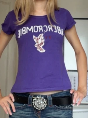 Lila Abercrombie t-shirt - Säljer en lila t-shirt från Abercrombie med tryck och broderad logga framtill. T-shirten har rund halsringning och korta ärmar. Perfekt till jeans för en avslappnad och trendig look.