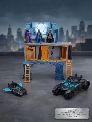 Batman Gotham City leksaksset - Säljer ett Batman Gotham City leksaksset med bas, två fordon och tre figurer (Batman, Joker och Batgirl). Basen är blå och grå med orange detaljer, stegar och fängelsecell. Bilarna är svarta med blå detaljer och har cool design. Perfekt för dig som gillar superhjältar och action.