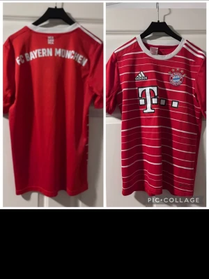 Röd FC Bayern München Adidas tröja - Säljer en röd FC Bayern München matchtröja från Adidas med vita horisontella ränder och klubbmärke på bröstet. Tröjan har korta ärmar, vit krage och tryck på både fram- och baksida. Perfekt för fotbollsfans!