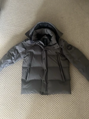 Grå dunjacka från Canada Goose - Säljer en grå dunjacka från Canada Goose med huva och diskret logotyp på ärmen. Jackan har en puffig design, dragkedja och knappar framtill samt två sidofickor. Materialet är slitstarkt och jackan är perfekt för kalla vinterdagar.