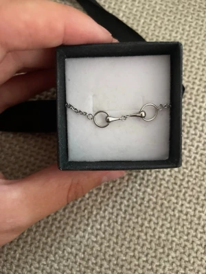 Snyggt silverfärgat armband med hästinspiration från Odelberg jewlery  - Stilrent armband i silverfärgad metall med en detalj som liknar ett hästbett i mitten. Kedjan är tunn och har en rund bricka med graverad logga. Perfekt för dig som gillar hästinspirerade accessoarer och vill ha något unikt på handleden.