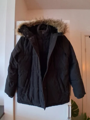 Svart pufferjacka från Hollister - Säljer en svart pufferjacka från Hollister med huva och fuskpälsdetalj. Jackan har dragkedja och tryckknappar framtill samt två sidofickor. Tillverkad med återvunnet material och perfekt för kalla vinterdagar.