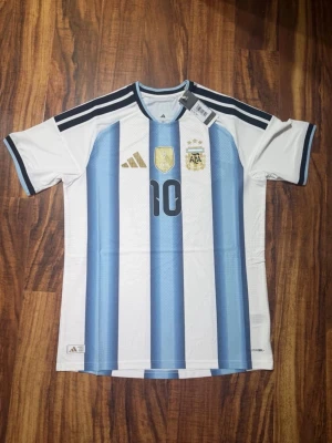 Argentina VM 2026 hemma Messi #10 - Säljer en Argentina fotbollströja med blå och vita ränder, nummer 10 och Messi på ryggen. Tröjan har korta ärmar, svarta detaljer och guldiga loggor framtill. Perfekt för dig som älskar fotboll och vill stötta landslaget.