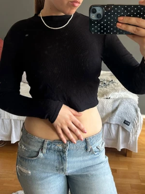 Svart ribbad crop top - Snygg svart ribbad crop top med lång ärm och hög hals. Toppen är tight och har en kortare passform som visar magen. Supersnyggt till jeans eller kjol! Storlek S men passar även XS❣️
