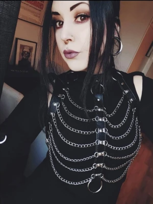 Chain harness faux leather alternative goth - Svart harness med kedjor som täcker överkroppen.   Justerbar.   Köpt av en kreatör i Sverige för några år sedan som kallades devoir de chattone.   Mycket fin kvalitet! Känns inte plastigt alls.   (Går att låsa i nacken med hjälp av litet hänglås och nyckel, denna detalj är borttappad men går enkelt att ersätta i efterhand, jag själv låste aldrig den i nacken).  Bilderna är privata och föreställer mig i plagget.
