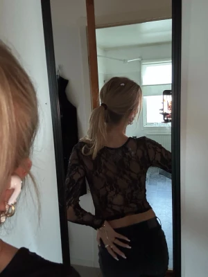 Svart spetsblus med lång ärm - Snygg svart blus med transparent spets på ärmar och rygg. Kroppsdelen är fodrad medan ärmarna är helt genomskinliga. Blusen har en tight passform och rund halsringning. Perfekt för dig som vill ha en edgy och trendig look.
