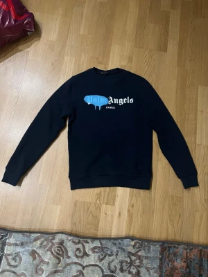 Svart Palm Angels sweatshirt - Säljer en svart sweatshirt från Palm Angels med blått och vitt tryck på bröstet där det står 'Palm Angels PARIS'. Tröjan har rund hals, långa ärmar och ribbade muddar. Perfekt för dig som gillar streetwear och vill ha något stilrent men ändå med edge.