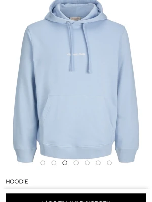 Ljusblå hoodie med huva - Snygg ljusblå hoodie med huva och dragsko. Klassisk känguruficka framtill och diskret broderad text på bröstet. Tillverkad i mjukt material som känns skönt mot huden. Perfekt för en avslappnad och trendig look.