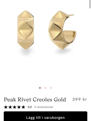 Guldiga peak river crepes gold creoler med nitar - Säljer ett par chunky örhängen i guldfärgad metall med coola nitdetaljer. Creolerna har en modern, geometrisk design med upphöjda pyramidformer som ger en edgy vibe. Perfekta för dig som vill sticka ut med dina accessoarer.