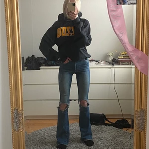 Bootcut jeans!! - Ska sälja mina otroligt SKÖNA och snygga bootcut jeans!! De är ifrån BikBok men är slutsålda🤍 klippt hål själv på de vid knäna! Jag är 165 och dem går ned till fötterna på mig!😍 är verkligen de skönaste jeansen jag ägt men de kommer aldrig till använding😩 detta är en strl Xs. Köpta för 599:-. Budgivning som startar på 100kr, eller köpa dirket för 500kr med frakt ink❤️