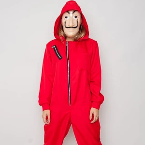 Maskeraddräkt- La Casa De Papel  - Maskeraddräkt med inspiration från serien La Casa De Papel. En röd overall med tillhörande mask som passar perfekt på halloweenfesten! Använd en gång och är i fint skick. De första  två bilderna är lånade. 