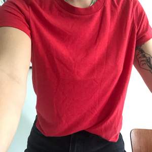Röd T-shirt, gott skick och fin färg. Storleken är klassisk i sin storlek, dvs sitter som S på mig som har S 