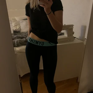 Träningkläder - Världens skönaste stretchigaste träningsthigts från GYMSHARK. Mörkblåa med turkos kant. Inga sömmar. Man kan välja om man vill att de ska vara högmidjade eller lågmidjade. 