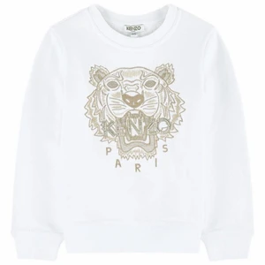 Kenzo sweatshirt - En vit kenzo sweatshirt med guld glitter brodyr. Det är en barn modell men sitter precis som vuxen modelerna. Har vanligtvis storlek S i mina kläder och denna sitter as bra💕💕 storlek 16A