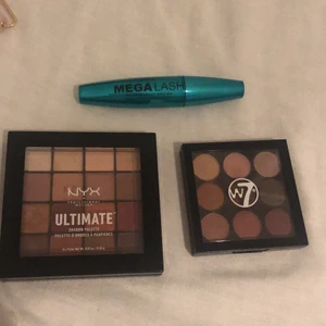 Ögonskugga och mascara  - Säljer två ögonskugspaletter och en mascara som ett kit för 90 kr, annars nyxpatetten för 70 kr, W7paletten för 25 kr och mascaran för 15 kr! Mascaran är oanvänd och allt annat är sparsamt använt! Skriv för frågor💛