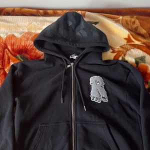 Svart hoodie från Risky - Säljer en svart hoodie från Risky med dragkedja och en cool broderad detalj på bröstet. Hoodien har en tryckt text på huvan och snörning vid halsen. Perfekt för en avslappnad stil. Strlk XS men sitter som S, skick 10/10, knappt använd. Pris kan diskuteras vid snabb affär. Org pris 850 kr 