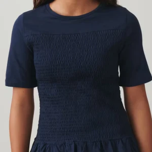 Marinblå klänning med smock - Säljer en marinblå klänning med smockad överdel och korta ärmar. Klänningen har rund halsringning och en lätt volang nedtill. Perfekt för dig som gillar enkel men stilren design.