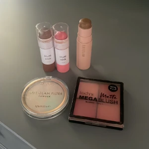 Sminkkit - Säljer ett sminkkit med Catrice Soft Glam Filter puder, Technic Mega Matte Blush palett i fyra rosa/korall nyanser, två Lindex Multi stick (brun & rosa) och en Sheglam contour stick i beige/brun. Perfekt för att skapa en fräsch bas och rosiga kinder. Använt men mycket produkt kvar och torkat av allt så det är fräscht 