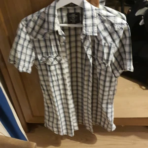 Rutig kortärmad skjorta från L.O.G.G. H&M - Säljer en klassisk rutig skjorta från L.O.G.G. H&M i vitt, blått och grönt. Skjortan är kortärmad, har knappar framtill och två bröstfickor med lock. Tillverkad i 100% bomull, perfekt för en avslappnad stil.