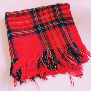 Röd rutig halsduk med fransar - Snygg röd halsduk med klassiskt rutigt mönster i svart, blått och vitt. Halsduken har långa fransar i ändarna och är perfekt att svepa runt halsen för en cool look. Mjuk och skön, passar till jacka eller kappa.  Helt & fint skick