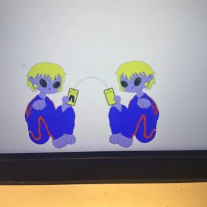 Illustrerad barnbok med två figurer som delar musik - Boken har ett omslag med två tecknade figurer med gult hår och blå kläder som sitter mittemot varandra och håller varsin mobil. En musiknot syns på ena mobilen. Illustrationerna är färgglada och lekfulla.